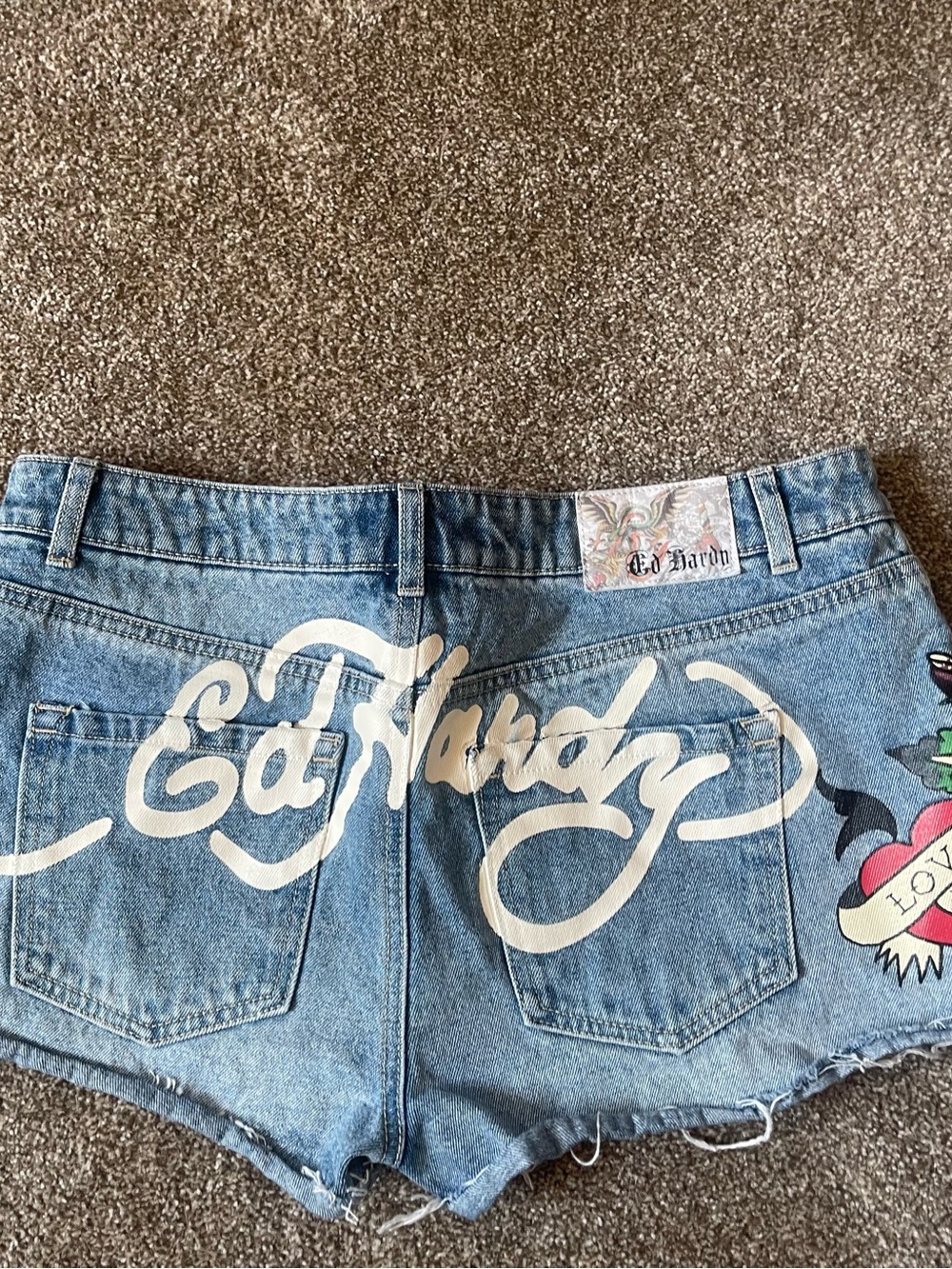 Ed Hardy Light Blue Distressed Denim Cutoff Shorts with Floral Patch